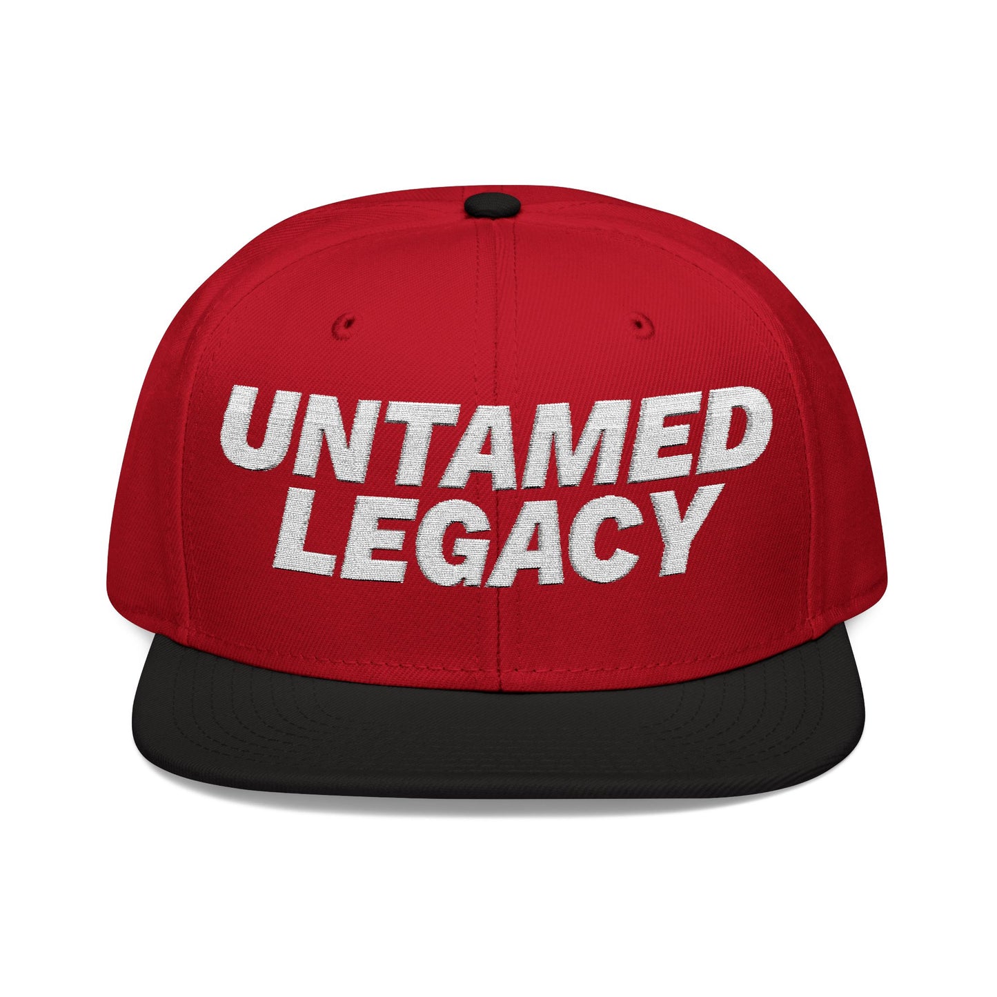 Bold red and black snapback hat with white embroidered “Untamed Legacy” logo, designed for standout streetwear styling.