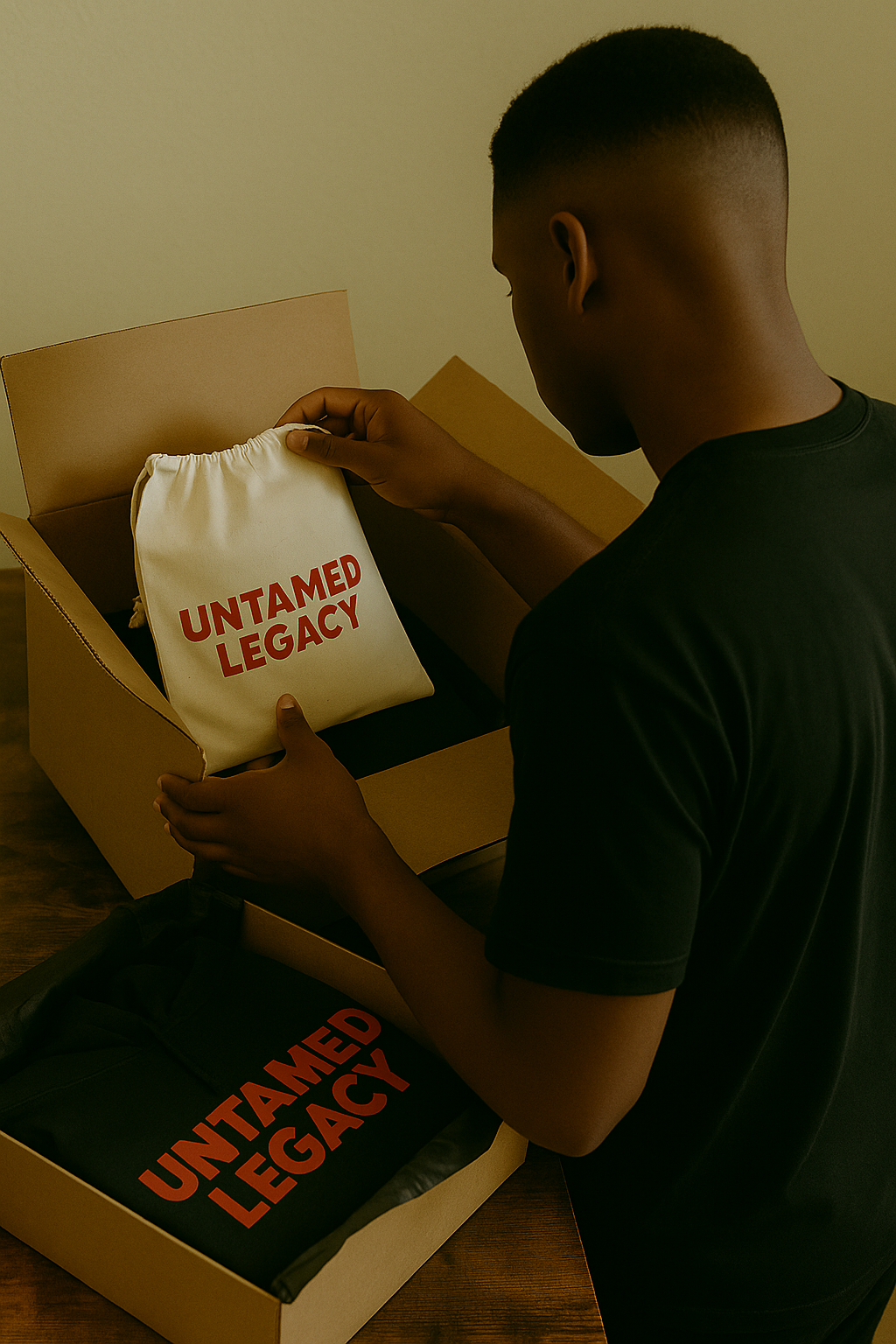 Hands of Black creator filling branded Untamed Legacy packaging — showing care and detail from a grassroots streetwear clothing brand.