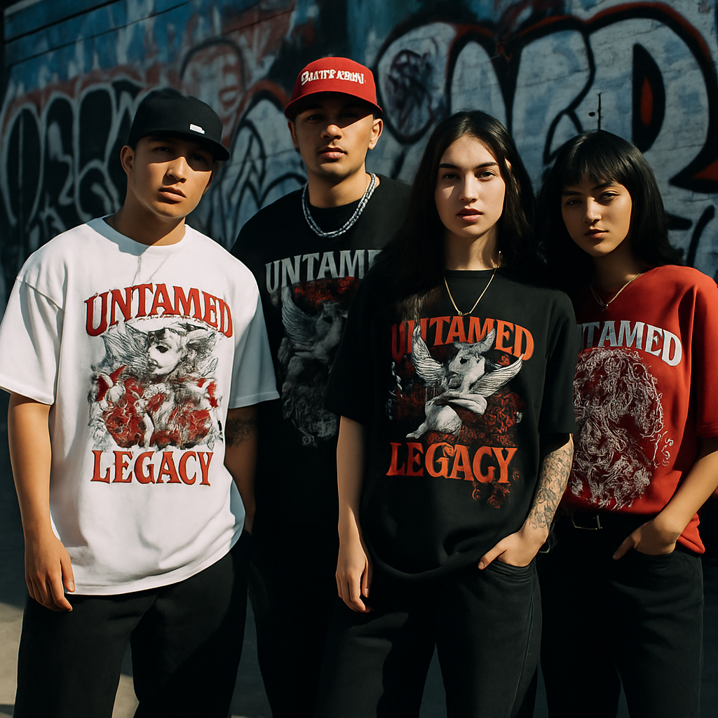 Four young models walking together in Untamed Legacy clothing, showcasing bold streetwear style in an urban city setting.