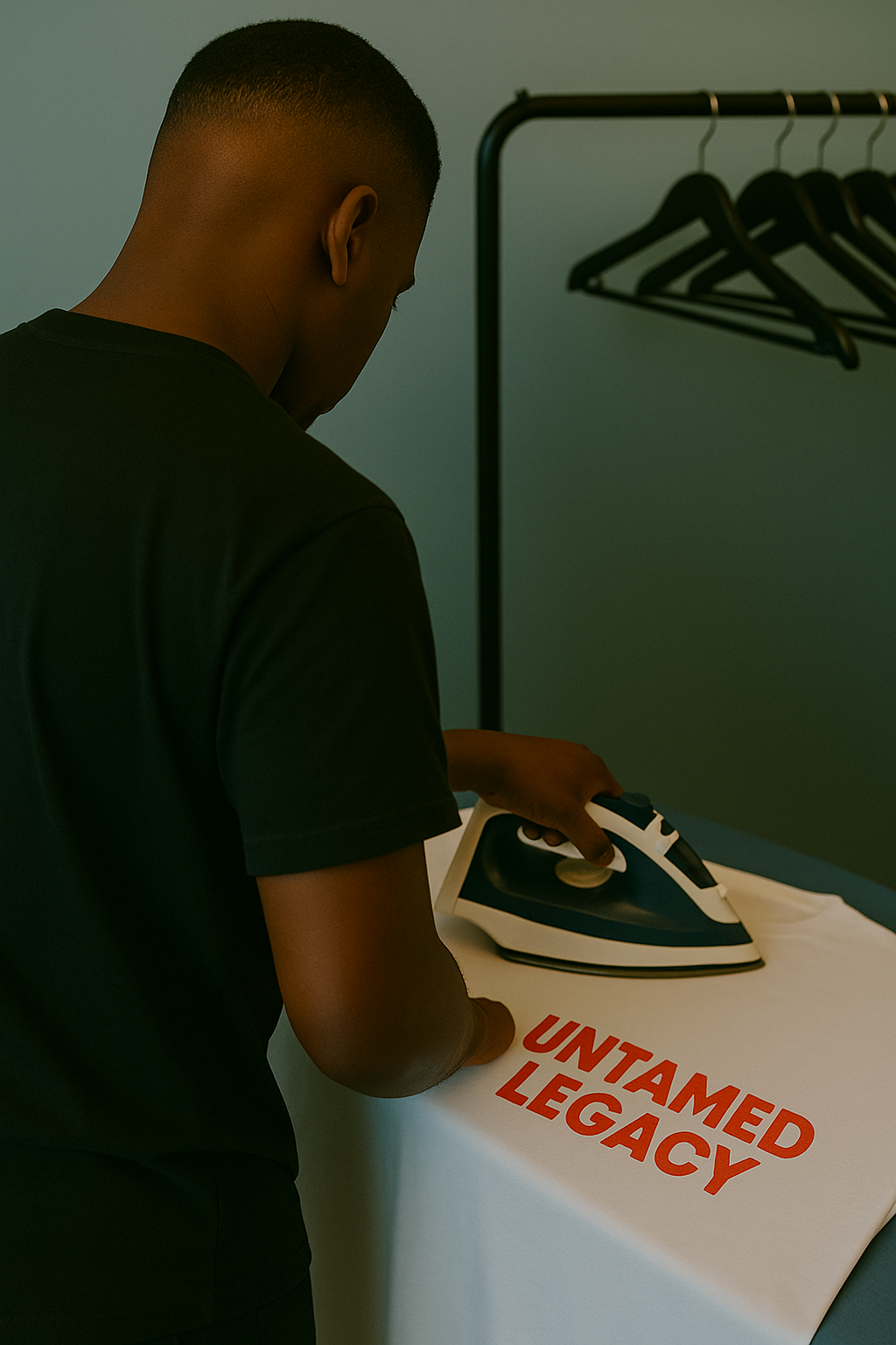 Black streetwear founder ironing the first Untamed Legacy shirt, symbolizing the start of a Black-owned clothing brand rooted in urban culture.