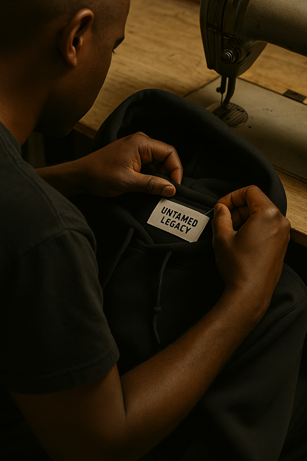 Black artisan sewing Untamed Legacy label onto black streetwear hoodie — highlighting craftsmanship from a Black-owned urban fashion brand.