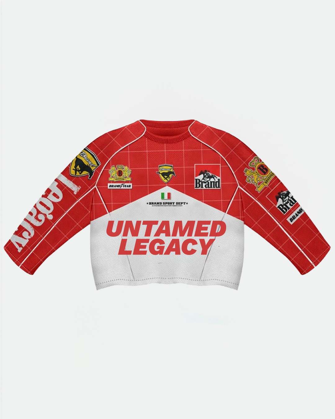 “Untamed Legacy racing long sleeve jersey in red and white with sponsor patches and bold logo streetwear design”