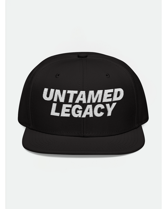 Sleek black snapback hat with clean white embroidered “Untamed Legacy” logo — subtle but strong streetwear identity.