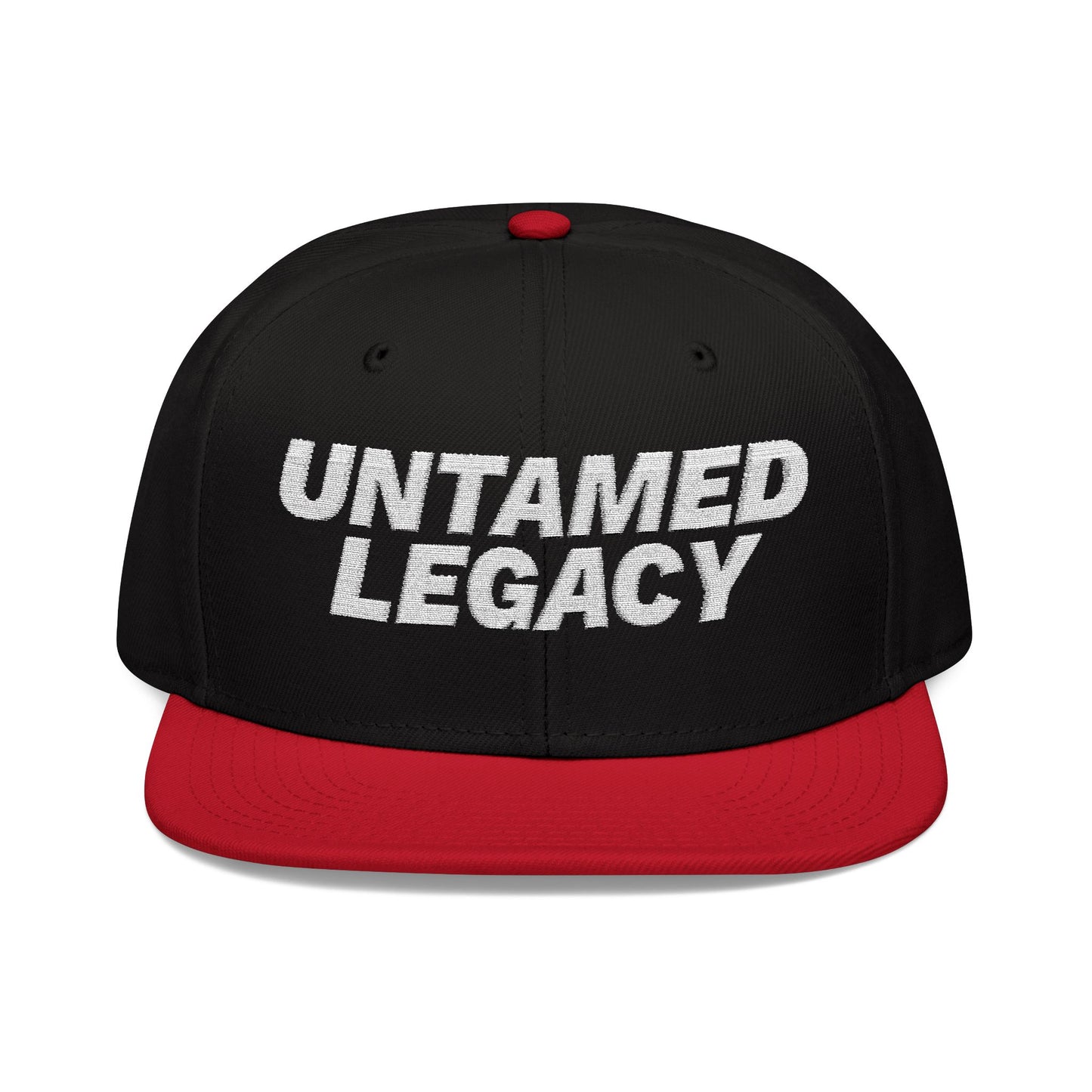 Eye-catching black snapback cap with red brim and white “Untamed Legacy” embroidery — a statement piece for bold looks.