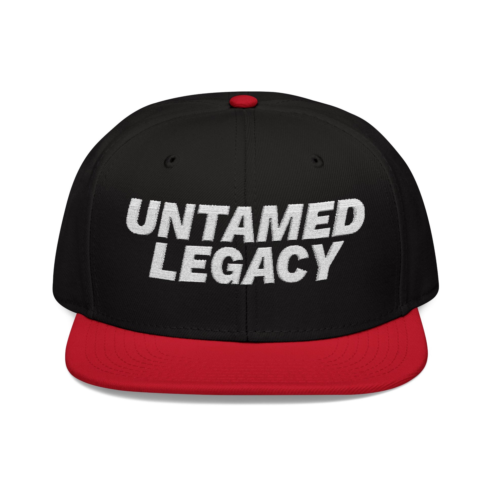 Eye-catching black snapback cap with red brim and white “Untamed Legacy” embroidery — a statement piece for bold looks.