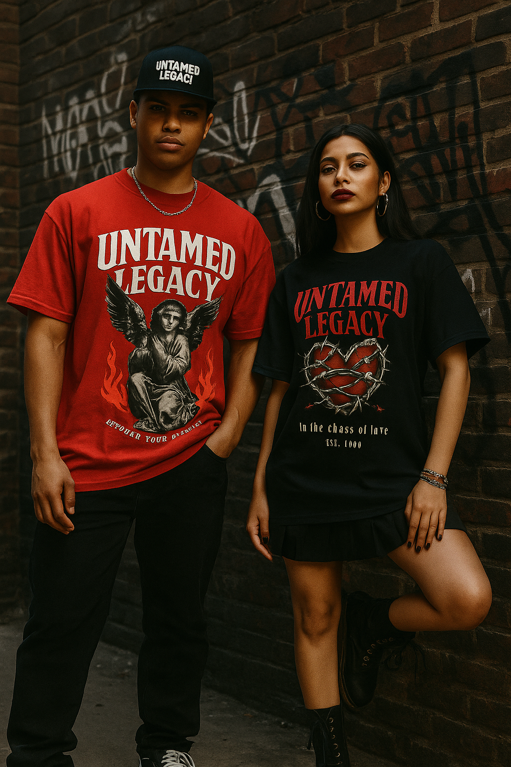  Two young individuals wearing Untamed Legacy streetwear, standing against a concrete wall in coordinated outfits.