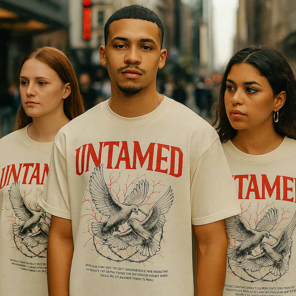 Two young models wearing Untamed Legacy streetwear, walking through an urban neighborhood in coordinated outfits, representing bold and authentic fashion.