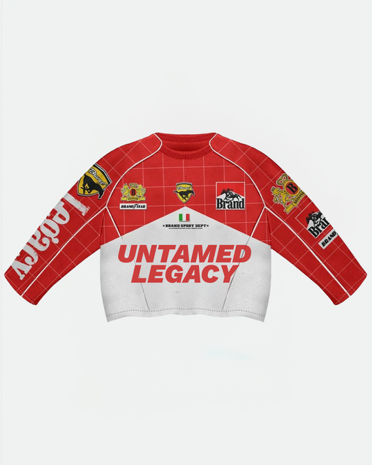 “Untamed Legacy racing long sleeve jersey in red and white with sponsor patches and bold logo streetwear design”