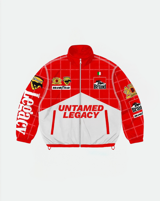 “Untamed Legacy racing grid track jacket in red and white with sponsor patches and bold logo streetwear design”